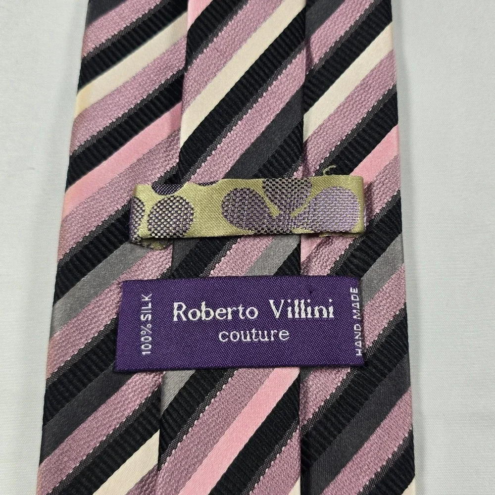 Silk Tie Roberto Villini Couture Pink‎ Grey Black Striped Designer Mens